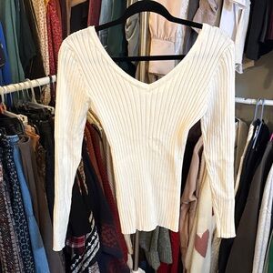 Cream Ribbed V-Neck Knit Top